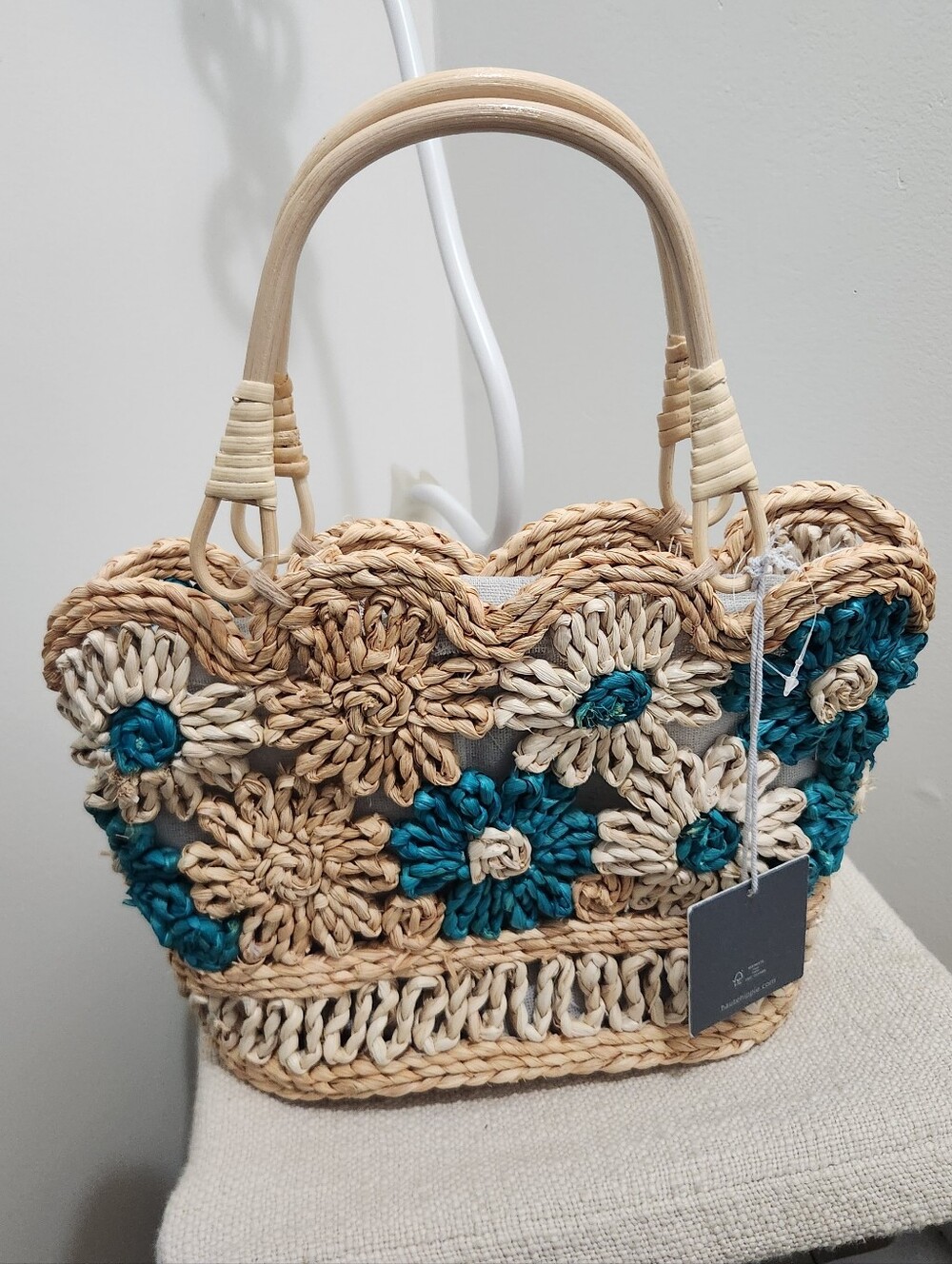 Woven Floral Raffia Tote Bag - Beige & Teal